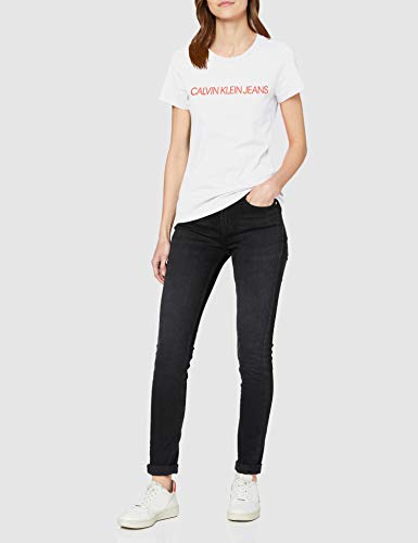 Calvin Klein Institutional Logo Slim Fit tee Camiseta, Blanco (Bright White/Fiery Red 0k4), S para Mujer