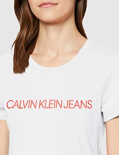 Calvin Klein Institutional Logo Slim Fit tee Camiseta, Blanco (Bright White/Fiery Red 0k4), S para Mujer