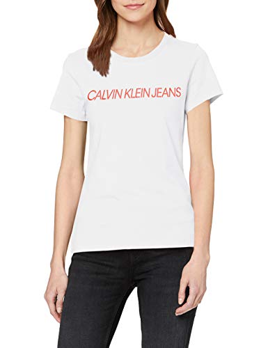 Calvin Klein Institutional Logo Slim Fit tee Camiseta, Blanco (Bright White/Fiery Red 0k4), S para Mujer