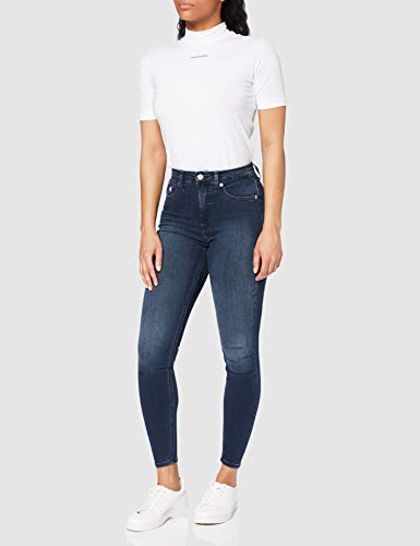 Calvin Klein Jeans Micro Branding Stretch Mock Neck Camiseta, Blanco Brillante, XS para Mujer