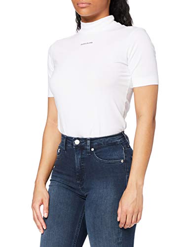 Calvin Klein Jeans Micro Branding Stretch Mock Neck Camiseta, Blanco Brillante, XS para Mujer