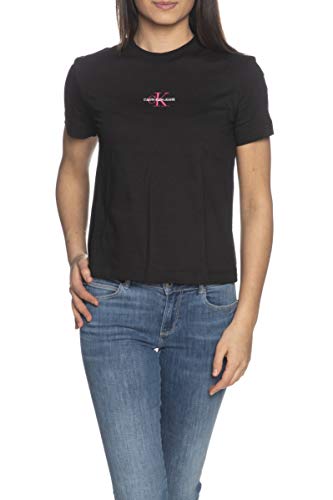 Calvin Klein Jeans Monogram Logo tee Camiseta, CK Negro/Rosa Fiesta, L para Mujer