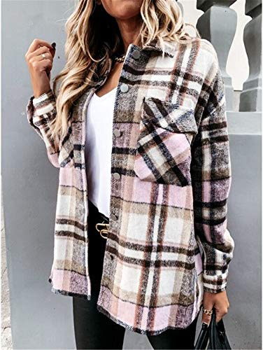 Camisa a cuadros para mujer - Camisa de mangas largas con botones - Confeccionada en tela de franela suave y abrigada - Camisa a cuadros, estilo informal y moderno Rosa/gris. XL