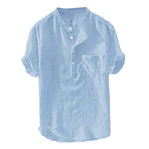 Camisa Algodón Y Lino Hombre Casual 2019 Nuevo Overdose Camisetas Hombre Manga Larga Color Sólido Cuello en V Botón Bolsillo Verano Blusa Tops Tallas Grandes S-XXL