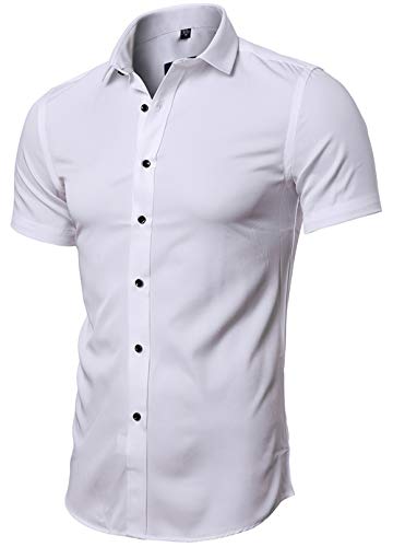 Camisa Bambú Fibra Hombre, Manga Corta, Slim Fit, Camiseta Elástica Casual/Formal para Hombre, Blanco, 44 (Hombro 51CM, Pecho 120CM)