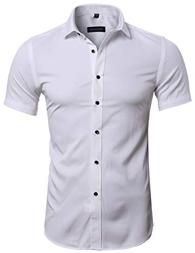 Camisa Bambú Fibra Hombre, Manga Corta, Slim Fit, Camiseta Elástica Casual/Formal para Hombre, Blanco, 44 (Hombro 51CM, Pecho 120CM)