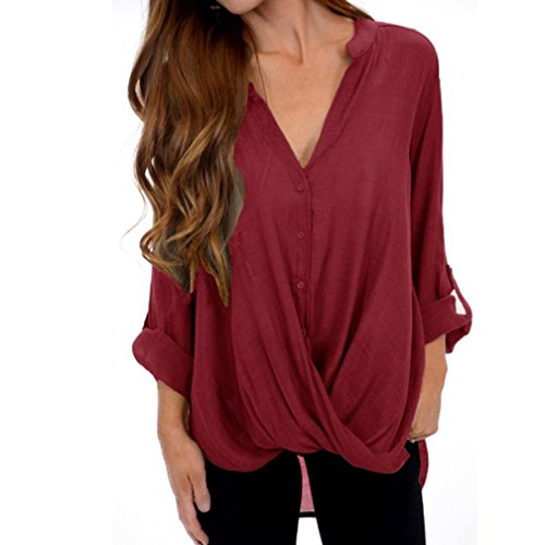 Camisa Casual Manga Corta Mujer, Covermason Blusa líder de Estiramiento de Color sólido de Las Mujeres(L,Rojo)