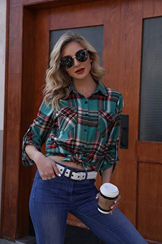 Camisa Cuadros Mujer Franela 100% Algodón Camisa Leñador Blusas Basiccon Botones Camisetas Cuello en V Manga Larga Casual Oficina Básico Vintage Western