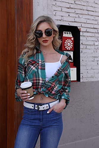 Camisa Cuadros Mujer Franela 100% Algodón Camisa Leñador Blusas Basiccon Botones Camisetas Cuello en V Manga Larga Casual Oficina Básico Vintage Western