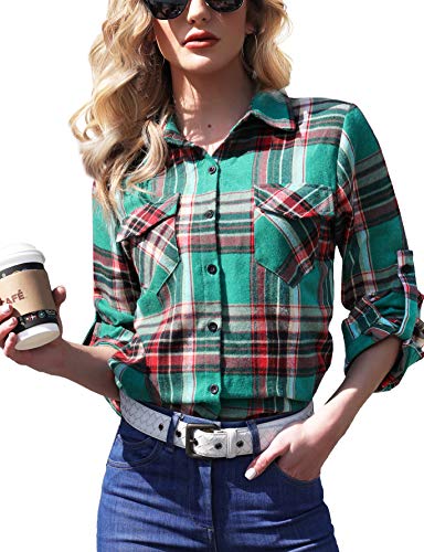 Camisa Cuadros Mujer Franela 100% Algodón Camisa Leñador Blusas Basiccon Botones Camisetas Cuello en V Manga Larga Casual Oficina Básico Vintage Western