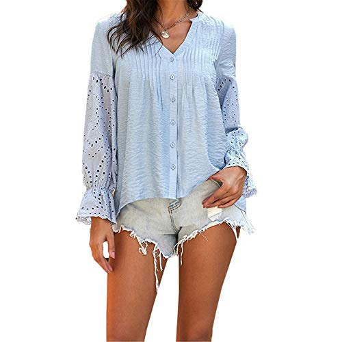 Camisa De Color SóLido para Mujer Blusa Holgada De Manga Larga con Bordado Hueco De OtoñO con Cuello En V para Mujer