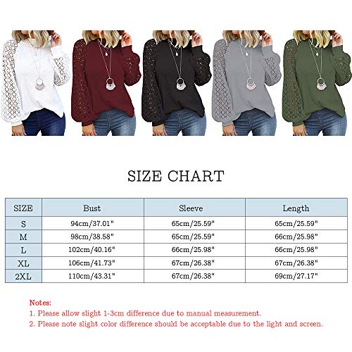 Camisa de Manga Larga de Encaje Elegante para Mujer Blusa Holgada Informal con Cuello Redondo (Negro, L)