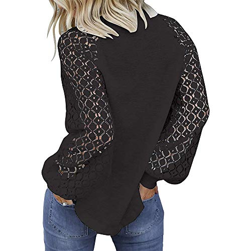 Camisa de Manga Larga de Encaje Elegante para Mujer Blusa Holgada Informal con Cuello Redondo (Negro, L)