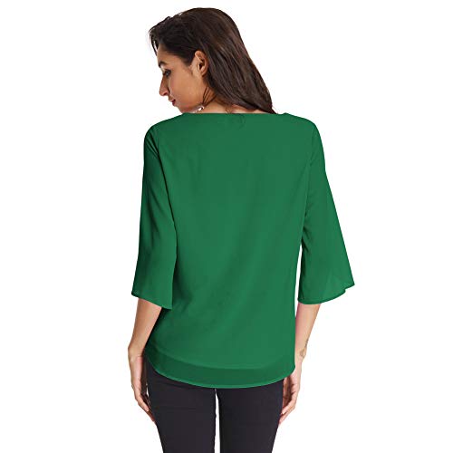 Camisa de Mujer Blusa Gasa Manga 3/4 Blusa de Cuello Redondo de Oficina Casual Elegante Top Verde Oscuro L CLAF15-9