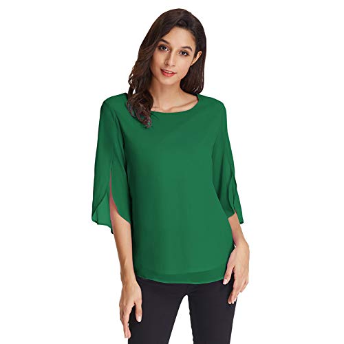 Camisa de Mujer Blusa Gasa Manga 3/4 Blusa de Cuello Redondo de Oficina Casual Elegante Top Verde Oscuro L CLAF15-9