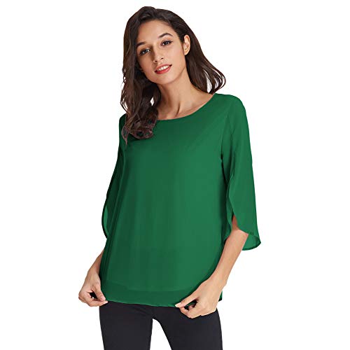 Camisa de Mujer Blusa Gasa Manga 3/4 Blusa de Cuello Redondo de Oficina Casual Elegante Top Verde Oscuro L CLAF15-9