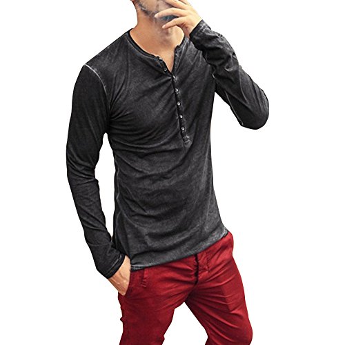 Camisa Henley de Manga Larga Casual con Cuello en V para Hombre Creativa con Cuello Redondo Algodón Casual Camisa T Shirt Básica Impresión Slim Fit chándal Sudaderas T-Shirt riou