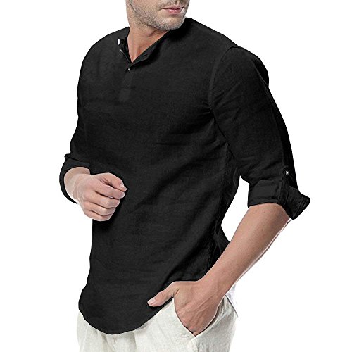 Camisa Hombre Cuello Mao Lino Blusa Manga 3/4 Camisas Top Sin Cuello De Color Sólido Blusas Suelta Camisas De Trabajo Suave Cómodo Transpirable A Negro Large