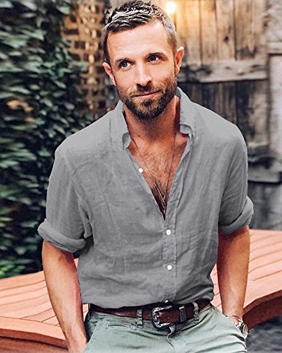 Camisa Hombre Lino Blusa Casual De Manga Larga Blusa Suelta Casual Cuello Alto Transpirable Top Color Sólido Trabajo Camisa Shirt Gris Small