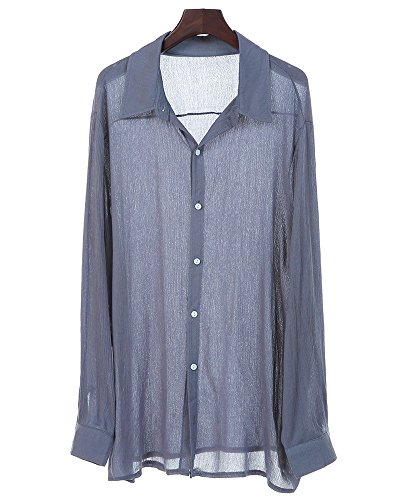 Camisa Hombre Lino Blusa Casual De Manga Larga Blusa Suelta Casual Cuello Alto Transpirable Top Color Sólido Trabajo Camisa Shirt Gris Small