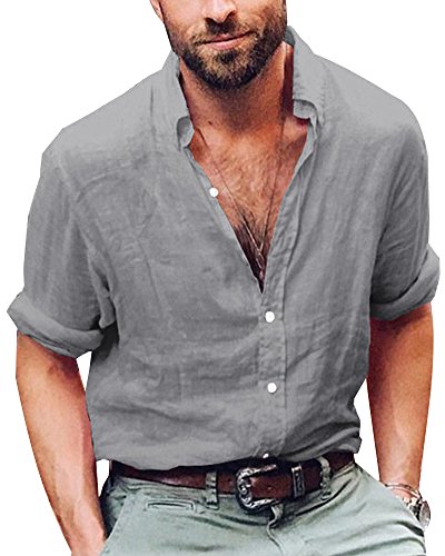 Camisa Hombre Lino Blusa Casual De Manga Larga Blusa Suelta Casual Cuello Alto Transpirable Top Color Sólido Trabajo Camisa Shirt Gris Small