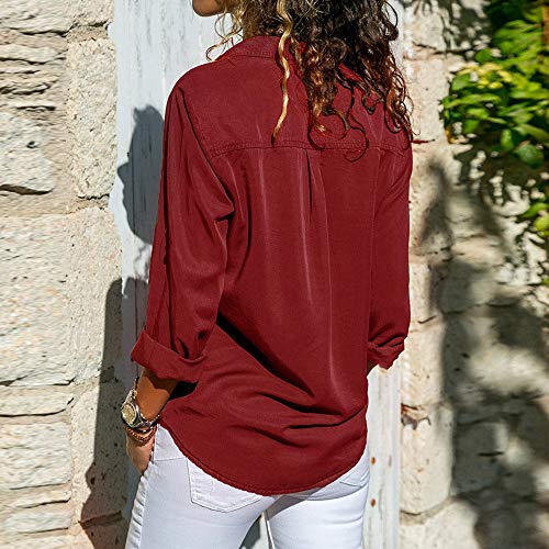 Camisa Mujer Blanca Manga Larga Talla Grande Negra Sexy Cuadros Corta Vestir Botones Gasa Verano Vaquera Verde Azule Blusas para Mujer Elegantes Fiesta Baratas Camisetas POLP (XL, Rojo)