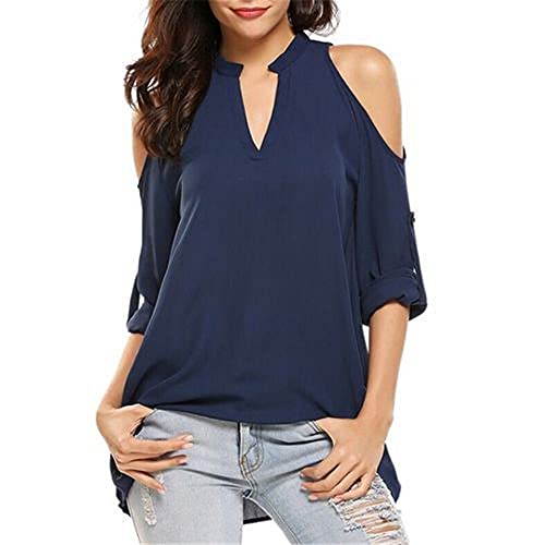 Camisa Mujeres Media Manga con Cuello En V Sin Tirantes Blusa Color Sólido Mujeres Sexy Elegante Cómodo Transpirable Tops Mujeres Moda Casual Tops All-Match Mujeres G-Navy M