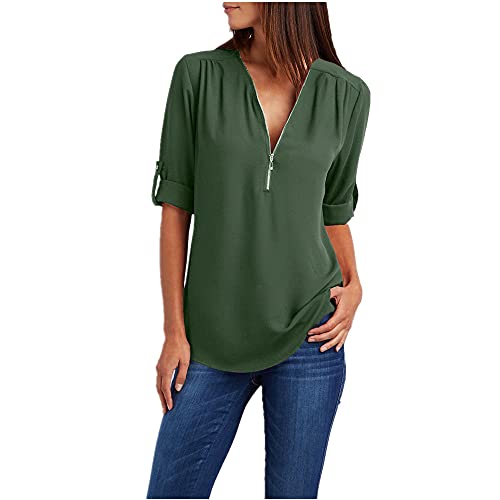 Camisa Mujeres Media Manga Escote En V Tops Color Sólido Mujeres Elegante Sexy Chic Cremallera Escote Respirable Blusa Casual Mujeres E-Green S