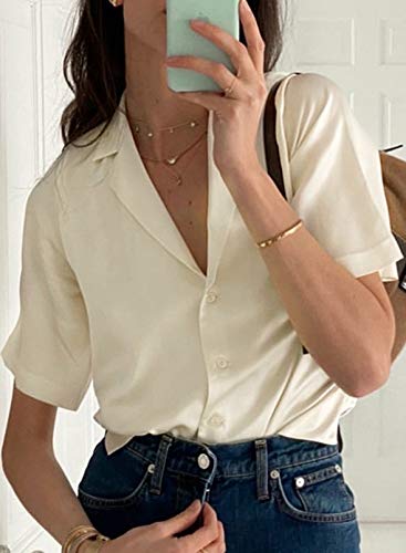 Camisas de satén con Botones de Color sólido a la Moda para Mujer Tops Blusa Ajustada de Manga Corta de Verano