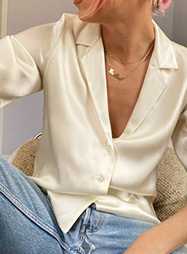 Camisas de satén con Botones de Color sólido a la Moda para Mujer Tops Blusa Ajustada de Manga Corta de Verano