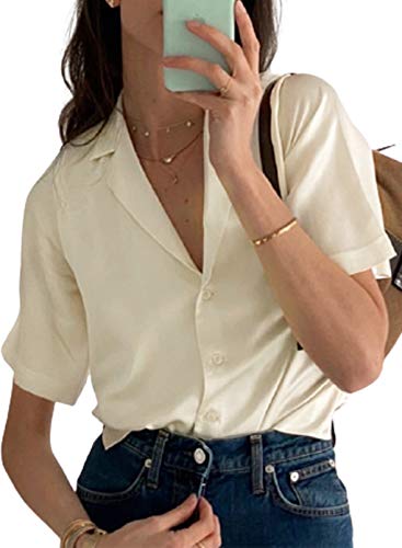 Camisas de satén con Botones de Color sólido a la Moda para Mujer Tops Blusa Ajustada de Manga Corta de Verano