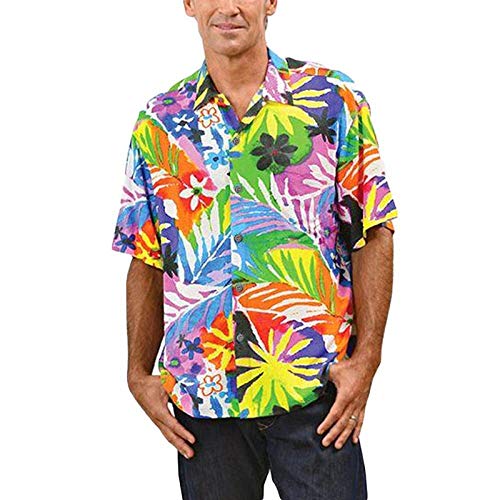 Camisas Hawaianas Hombre,Blusa Casual con Botones Y Solapa Clásica Patrón De Hojas Tropicales Colorido Estilo Hawaiano Transpirable Suelto Vintage Aloha Manga Corta para Hombre Mujer Vacaciones En