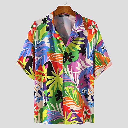 Camisas Hawaianas Hombre,Blusa Casual con Botones Y Solapa Clásica Patrón De Hojas Tropicales Colorido Estilo Hawaiano Transpirable Suelto Vintage Aloha Manga Corta para Hombre Mujer Vacaciones En