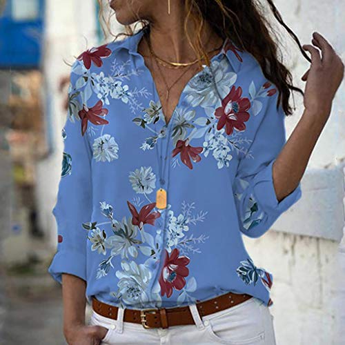 Camisas Mujer Manga Larga 2019 SHOBDW Liquidación Venta Camisetas Mujer Leopardo Blusas Mujer Tallas Grandes Cuello en V Botón Tops Mujer Regular Fit Sexy Camisas Mujer Floral S-5XL(Azul,S)