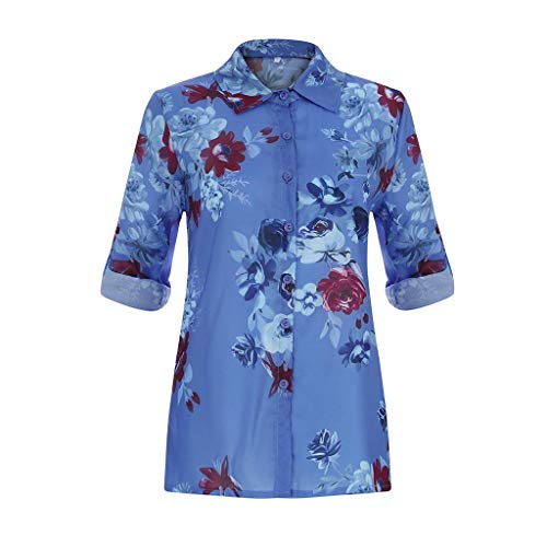 Camisas Mujer Manga Larga 2019 SHOBDW Liquidación Venta Camisetas Mujer Leopardo Blusas Mujer Tallas Grandes Cuello en V Botón Tops Mujer Regular Fit Sexy Camisas Mujer Floral S-5XL(Azul,S)
