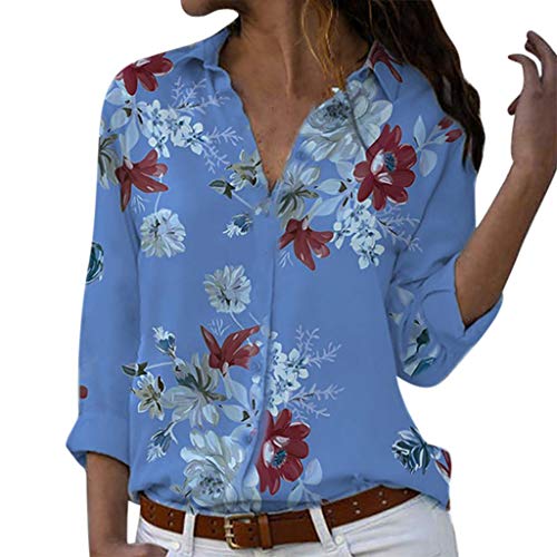 Camisas Mujer Manga Larga 2019 SHOBDW Liquidación Venta Camisetas Mujer Leopardo Blusas Mujer Tallas Grandes Cuello en V Botón Tops Mujer Regular Fit Sexy Camisas Mujer Floral S-5XL(Azul,S)