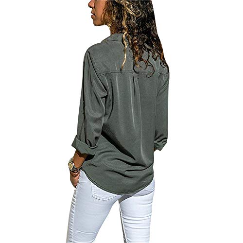 Camisas Vaquera Mujer Blusa con Botones Camisetas Manga Larga Sexy Tops Color Sólido Cuello en V Low Cut Sexy Camisetas y Tops Camisas De Vestir