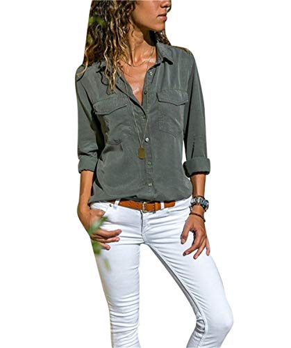 Camisas Vaquera Mujer Blusa con Botones Camisetas Manga Larga Sexy Tops Color Sólido Cuello en V Low Cut Sexy Camisetas y Tops Camisas De Vestir