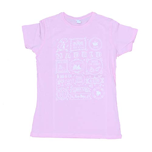 Camiseta Algodón Entallada Mujer Rosa Chicle - Madrid - con Dibujos representativos de la Cultura madrileña