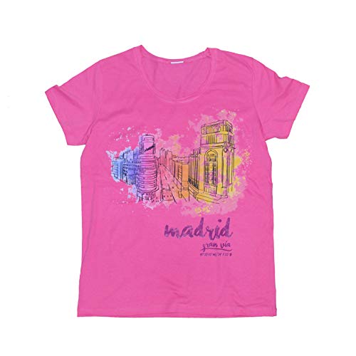 Camiseta Algodón Entallada Mujer Rosa Chicle - Madrid - Gran Vía Acuarela