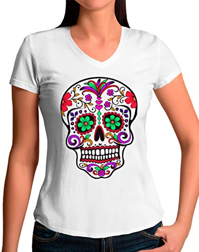 Camiseta Calavera Mexicana de Mujer - Flores (Blanco, M)