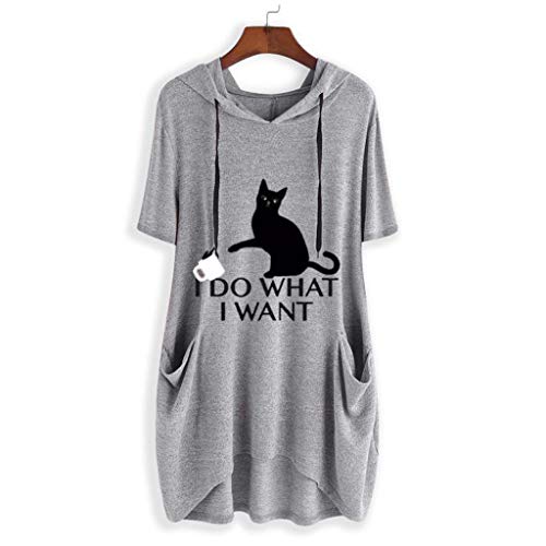 Camiseta con Capucha Mujer Tallas Grandes Camiseta Manga Corta Oreja de Gato Sudadera Capucha Basica Cartoon Blusas Original Bolsillo Suelto Estampado Tops Casual Fiesta(Gris A,XXL)