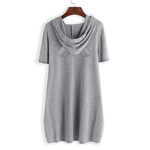 Camiseta con Capucha Mujer Tallas Grandes Camiseta Manga Corta Oreja de Gato Sudadera Capucha Basica Cartoon Blusas Original Bolsillo Suelto Estampado Tops Casual Fiesta(Gris A,XXL)