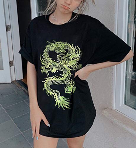 Camiseta con Estampado de dragón de Moda para Mujer Camisetas de Manga Corta Suelta de Estilo Hip Hop de Estilo Rock