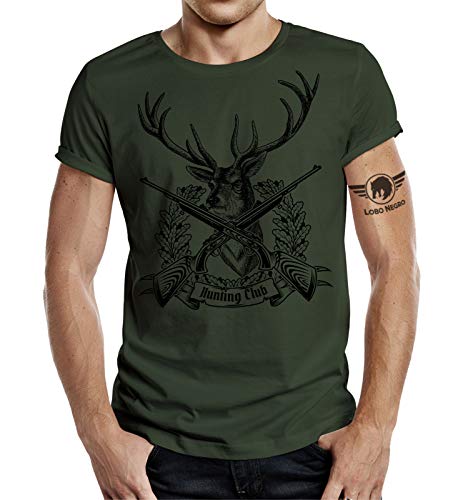 Camiseta de cazador, diseño de ciervo con texto Hunting Club, Todo el año, Estampado., Hombre, color verde oliva, tamaño M