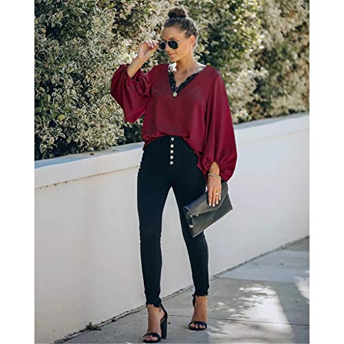 Camiseta de Las Mujeres Otoño Invierno Color Sólido Tallas Grandes Manga Larga Camisas Cuello en V Básica Blusas Casual Deporte Pullover Fiesta Hermoso Tops con Encaje