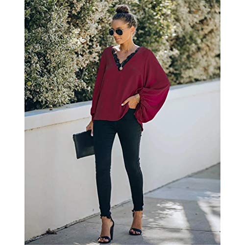 Camiseta de Las Mujeres Otoño Invierno Color Sólido Tallas Grandes Manga Larga Camisas Cuello en V Básica Blusas Casual Deporte Pullover Fiesta Hermoso Tops con Encaje