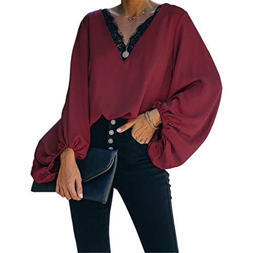 Camiseta de Las Mujeres Otoño Invierno Color Sólido Tallas Grandes Manga Larga Camisas Cuello en V Básica Blusas Casual Deporte Pullover Fiesta Hermoso Tops con Encaje