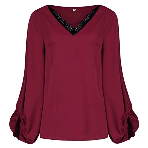 Camiseta de Las Mujeres Otoño Invierno Color Sólido Tallas Grandes Manga Larga Camisas Cuello en V Básica Blusas Casual Deporte Pullover Fiesta Hermoso Tops con Encaje