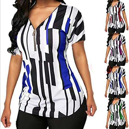 Camiseta De Manga Corta Estampada con Cuello En V De Moda para Mujer De Verano con Cremallera En La Parte Superior